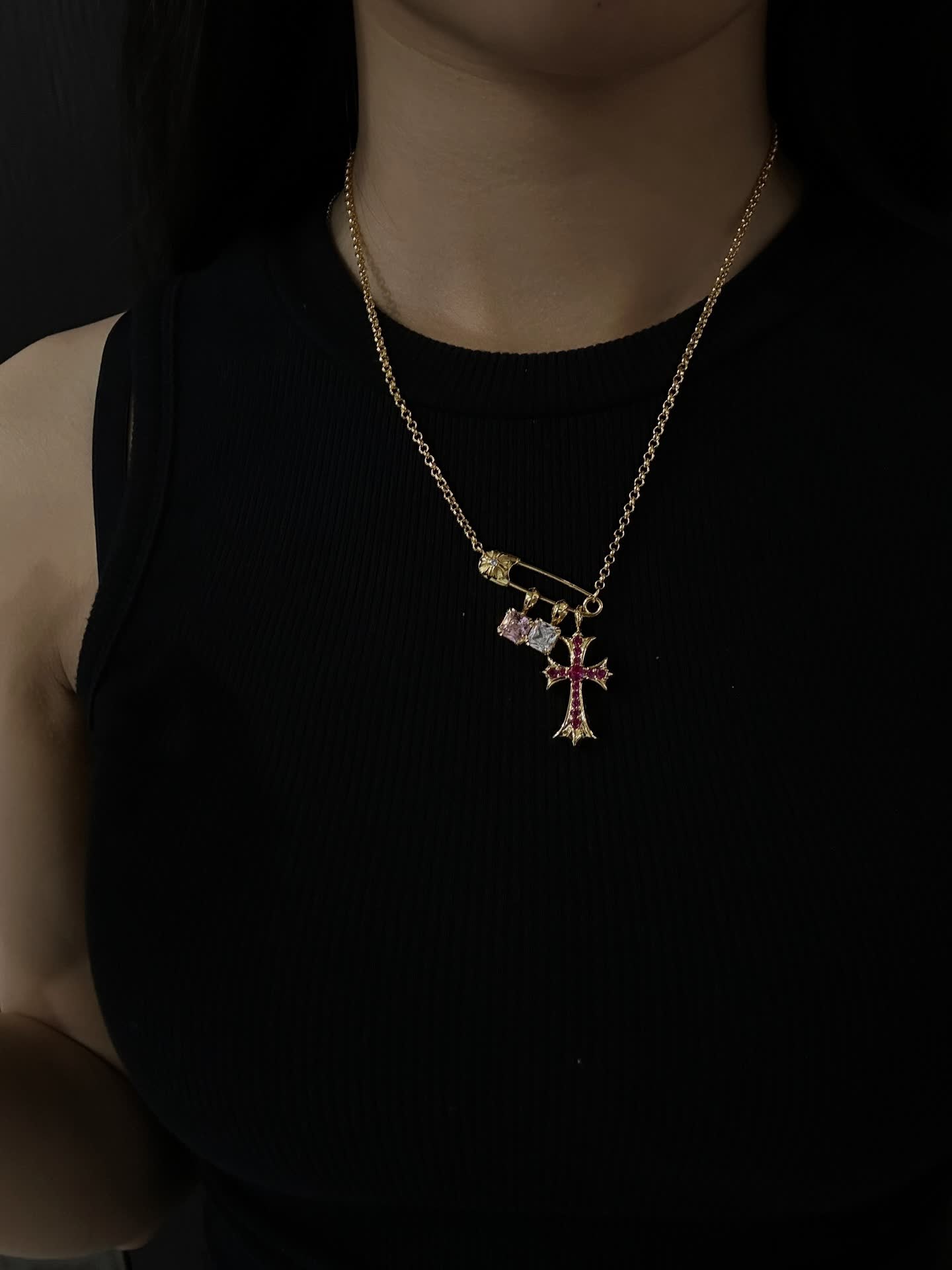 Chrome Hearts Gold Cross Pendant with Gemstones
